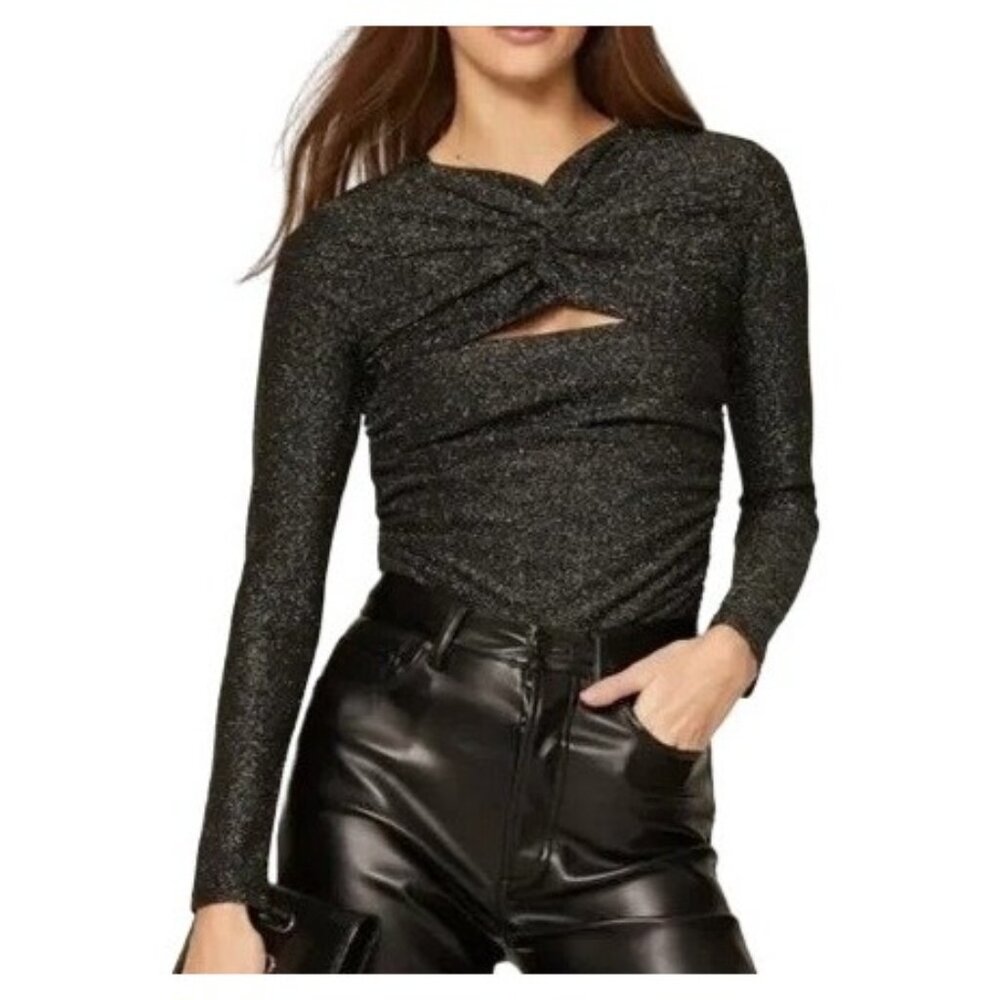 AllSaints Caelum Metallix Sparkly Twist Cutout Blouse Black Size L NWT